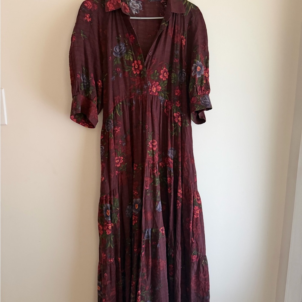 NATURAL LIFE Floral Button-Front Maxi Dress in Burgundy with Multicolor Blooms